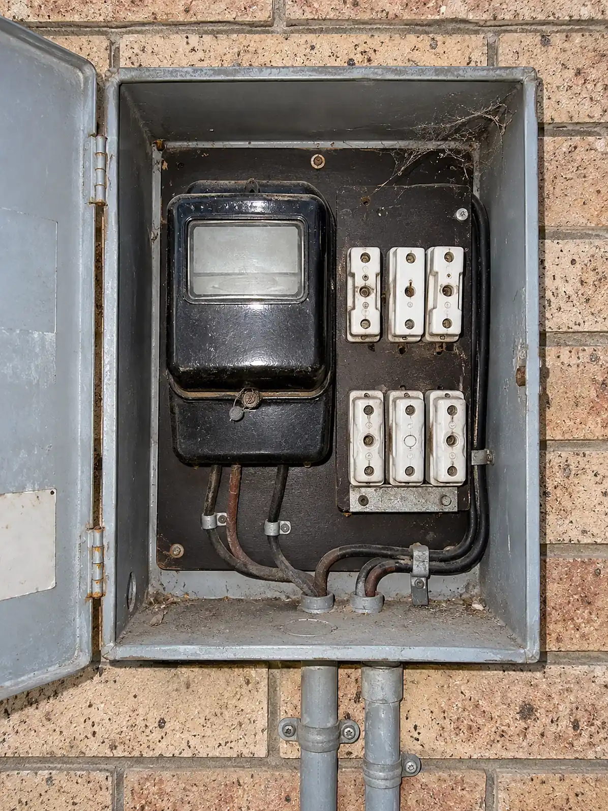 An old meter box with ceramic fuses, photographed with flash.