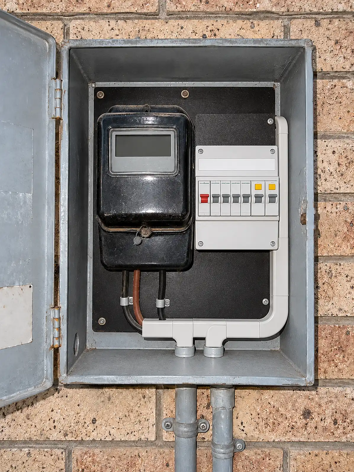 The same meter box after a switchboard upgrade: a neat new board with circuit breakers and safety switches, photographed with flash.