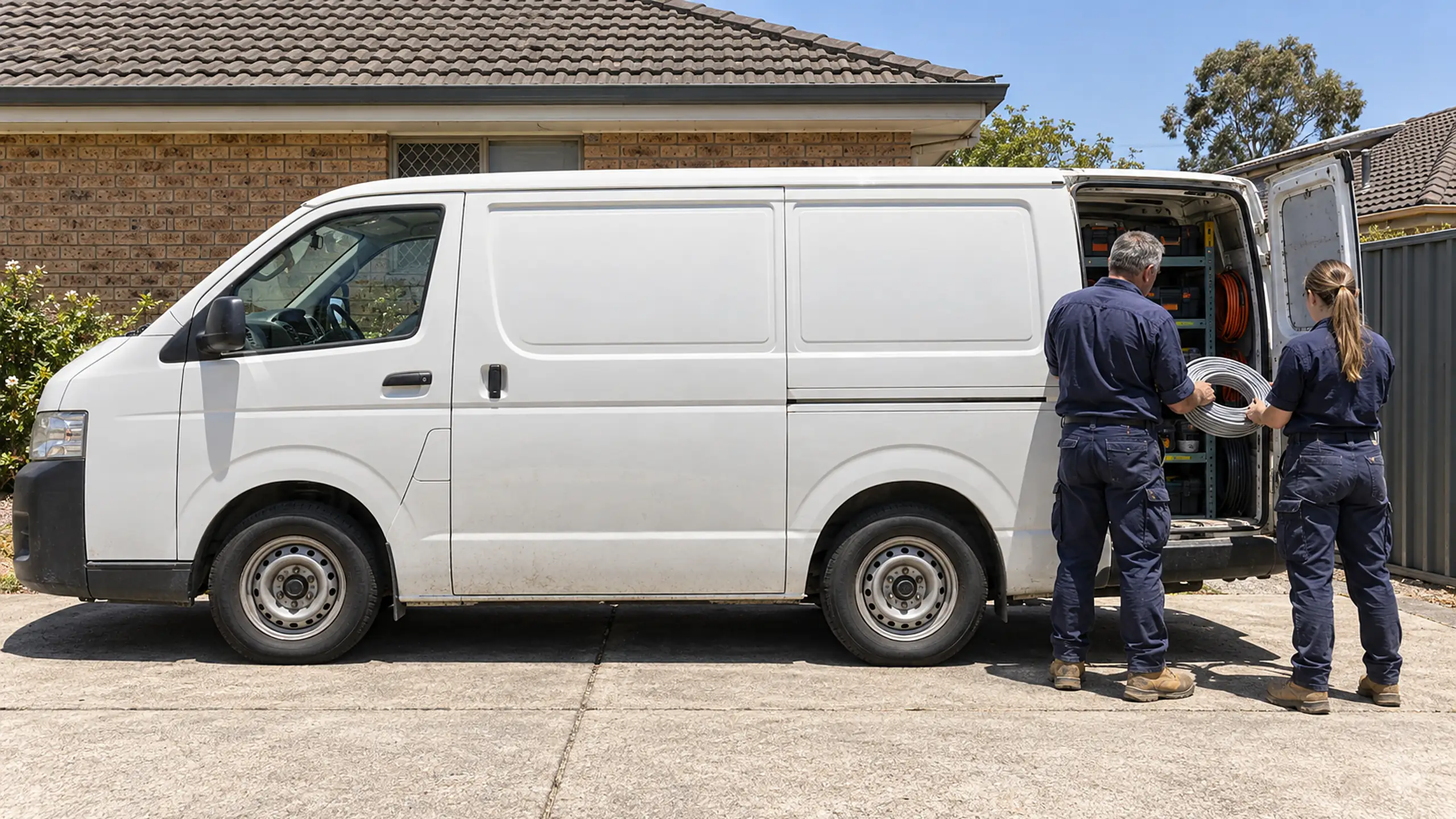 A white work van with rear doors open in the driveway of a brick house, two electricians seen from behind.