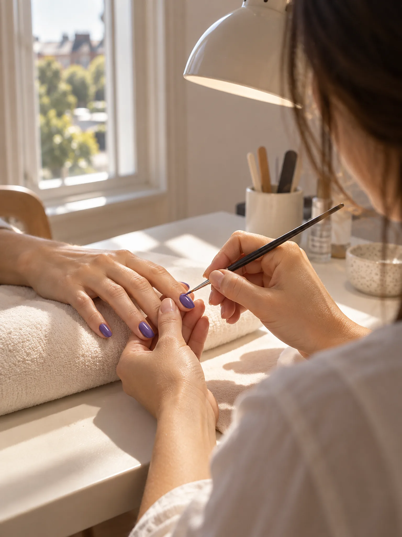 A nail artist painting a fine design with a thin brush, seen over her shoulder.