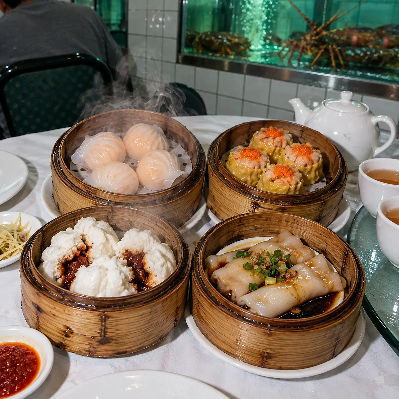 Bamboo steamers of har gow and siu mai on a white tablecloth, shot from above with flash.