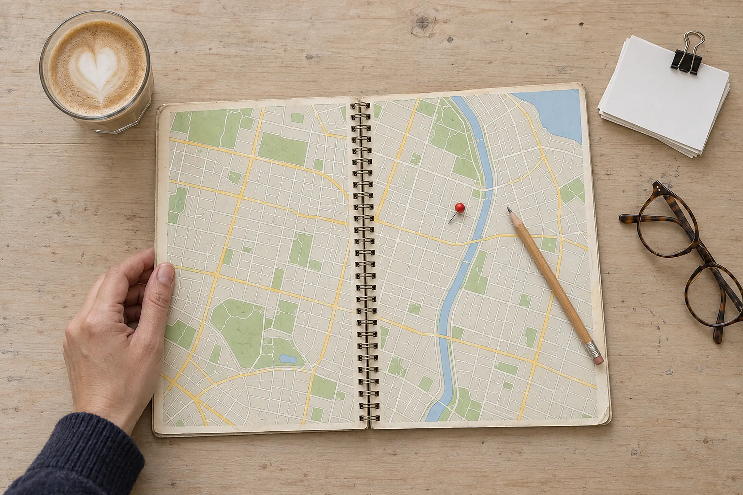 Overhead view of a desk with an open paper street directory, a phone and a coffee.