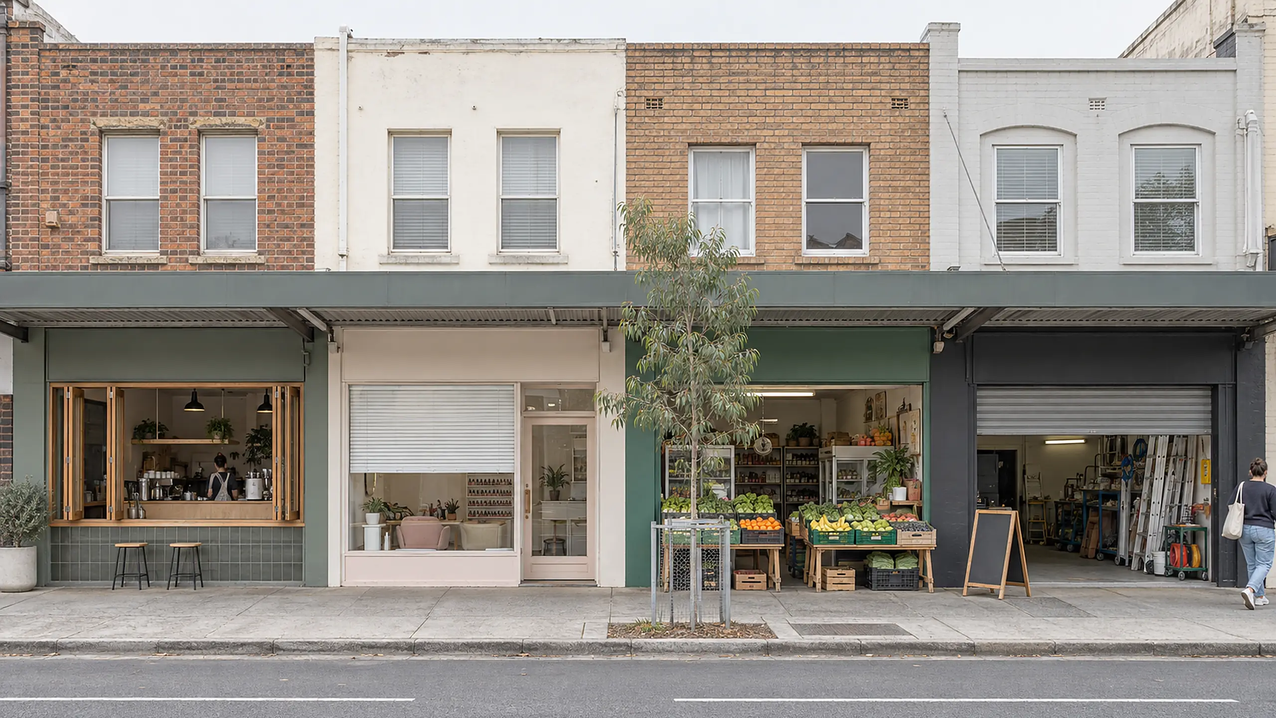 Elevation view of a row of four small shops under one steel awning on a suburban Sydney street.