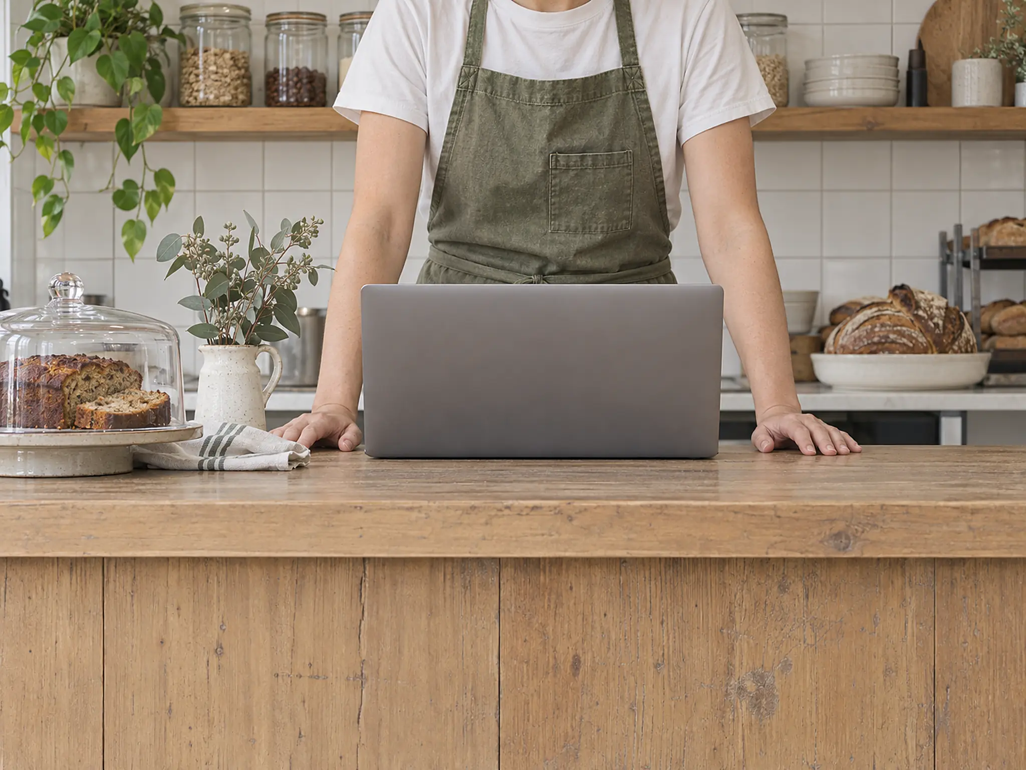 A shop owner behind a timber counter, looking at an open laptop seen from the back.