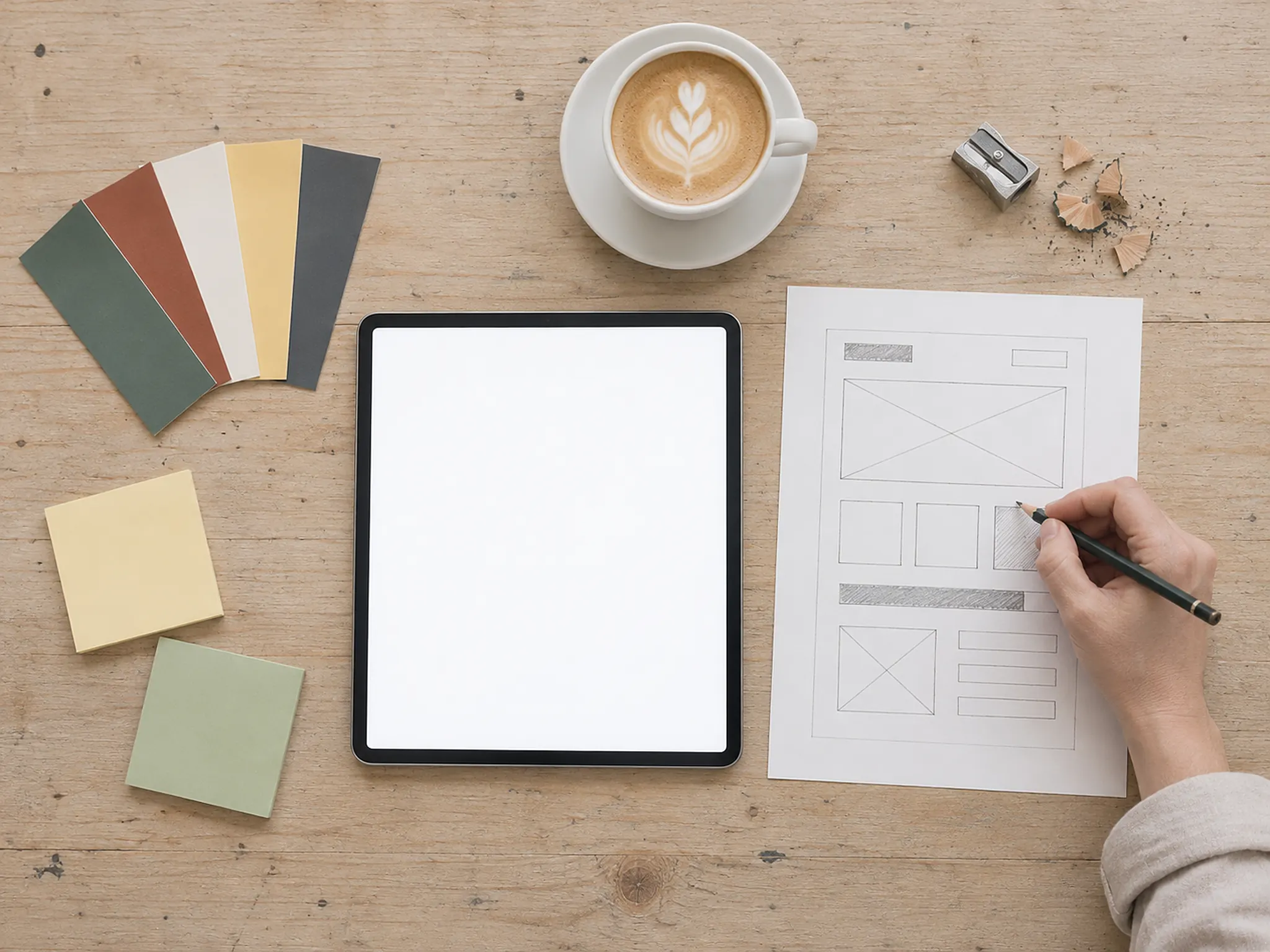 Overhead view of a work table with a tablet, a pencil sketch of a web page layout and paint colour chips.