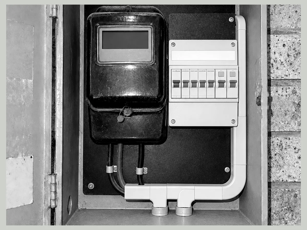 A new circuit-breaker board fitted in a meter box, from the Pell & Daughter Electrical concept project.