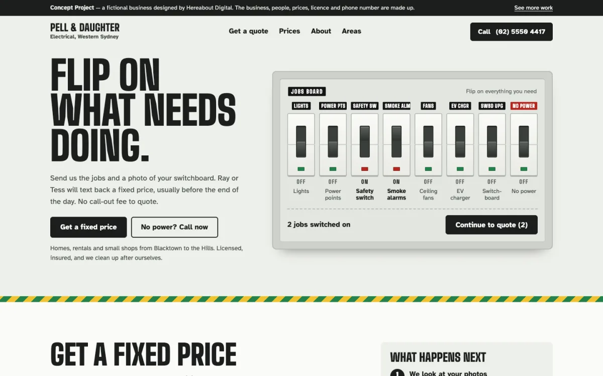 Desktop view of the Pell & Daughter Electrical homepage, showing a drawn switchboard with labelled circuit breakers.