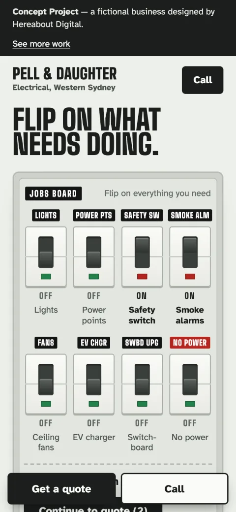 Phone view of the Pell & Daughter Electrical homepage, showing the switchboard of circuit breakers.