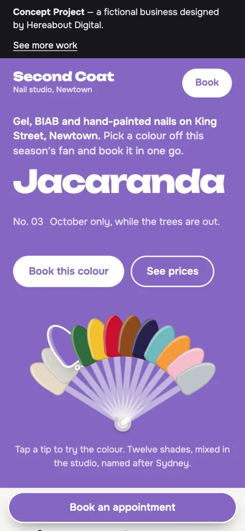 Phone view of the Second Coat Nail Studio homepage, showing the colour swatch fan.